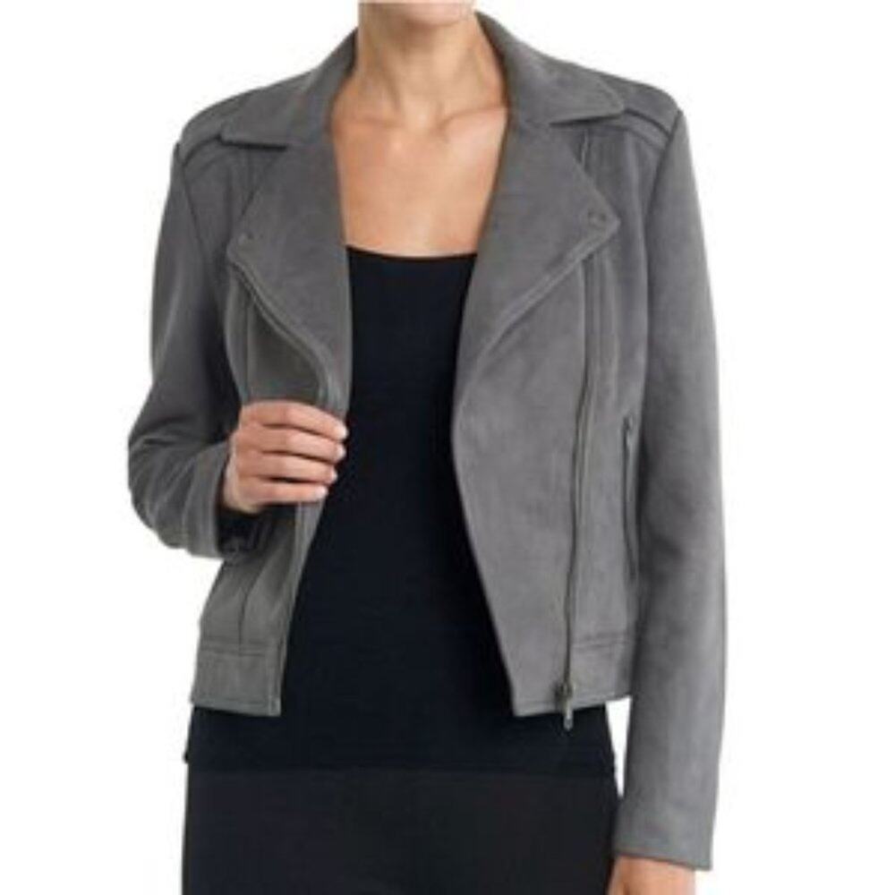 Philosophy Women's Long Sleeve Faux Leather Zip Up Moto Jacket Charcoal Gray M